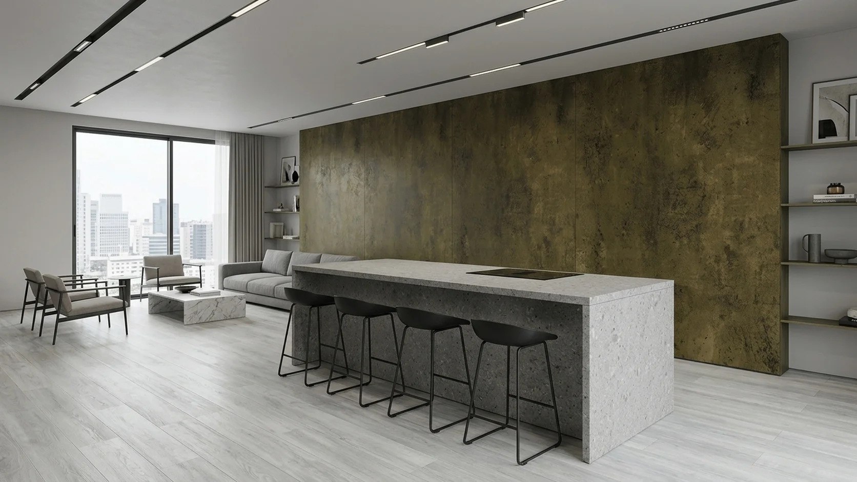 Minimalist culinary island and lounge with MIRA 42-inch Antique Bronze Olive Patina wallcovering (NQH798112) and Dynamic SPC Silver Driftwood flooring (DSPC-6007).