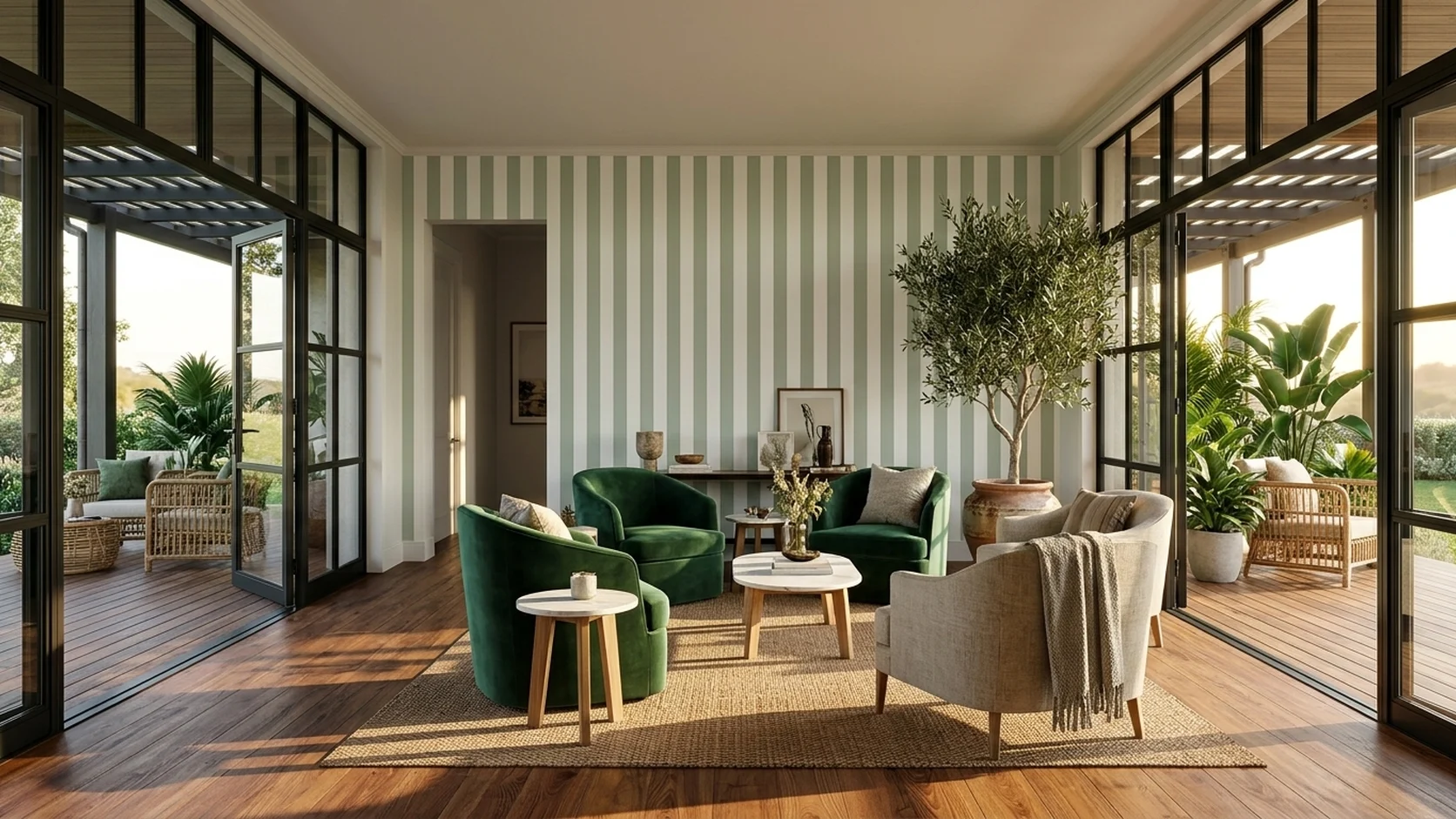 Sunlit verandah lounge with MIRA 42-inch Celadon Sage Cabana Stripe wallpaper (NQH797205) and Dynamic SPC Caramel Teak flooring (DSPC-6006).