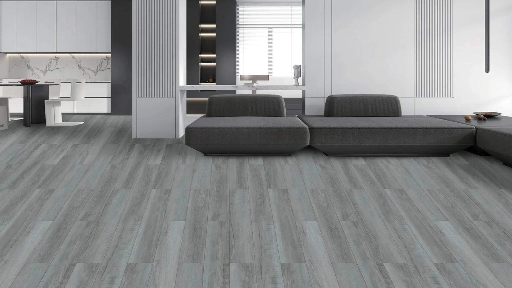 Modern open-plan apartment interior laid with Dynamic SPC Architectural Ash Grey Oak waterproof planks (DSPC-6001).