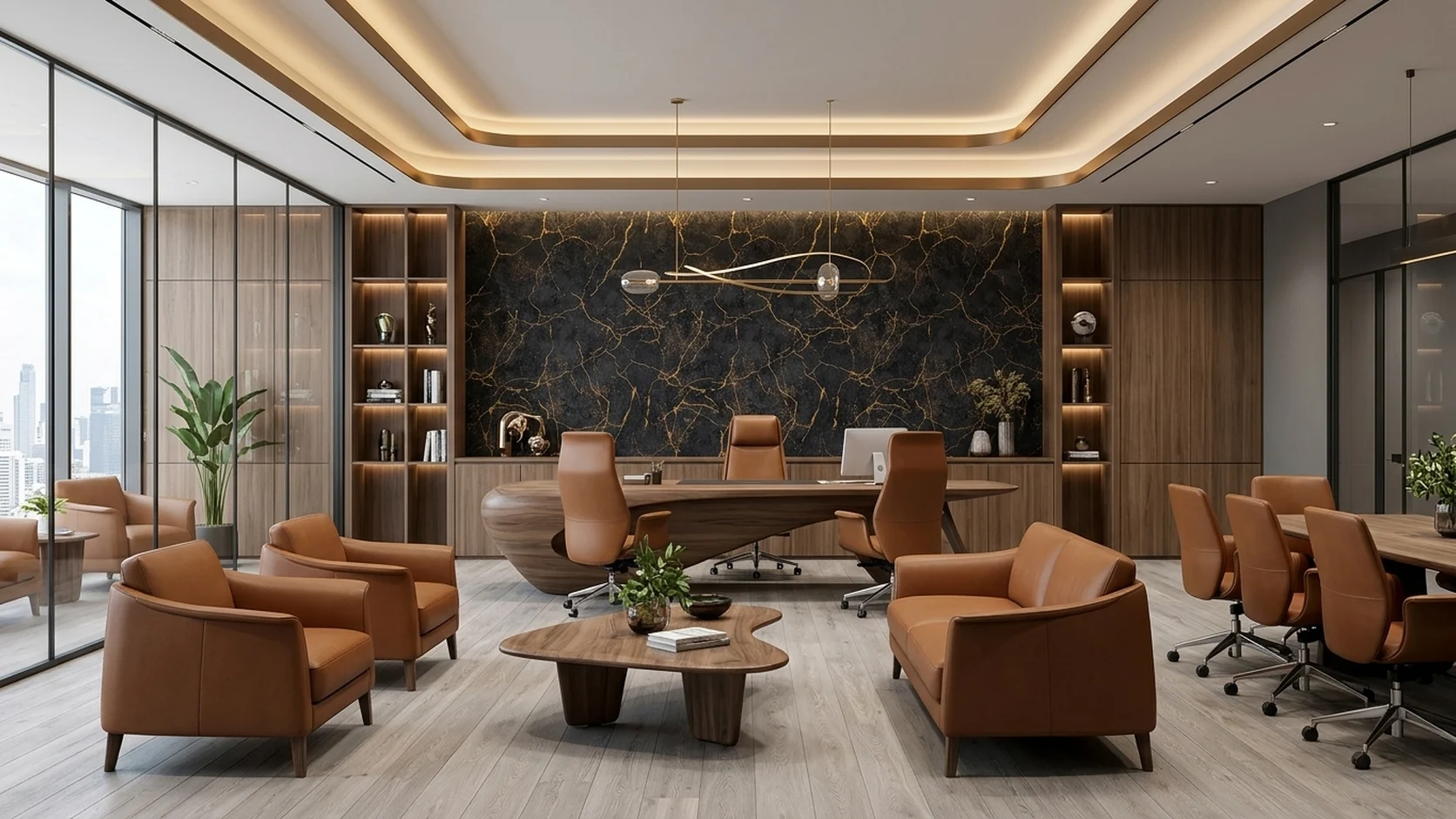 Executive office and boardroom with MIRA 42-inch Obsidian Gold Kintsugi Marble wall (NQH728708) and Dynamic SPC Nordic Ash Grey Oak flooring (DSPC-6009).