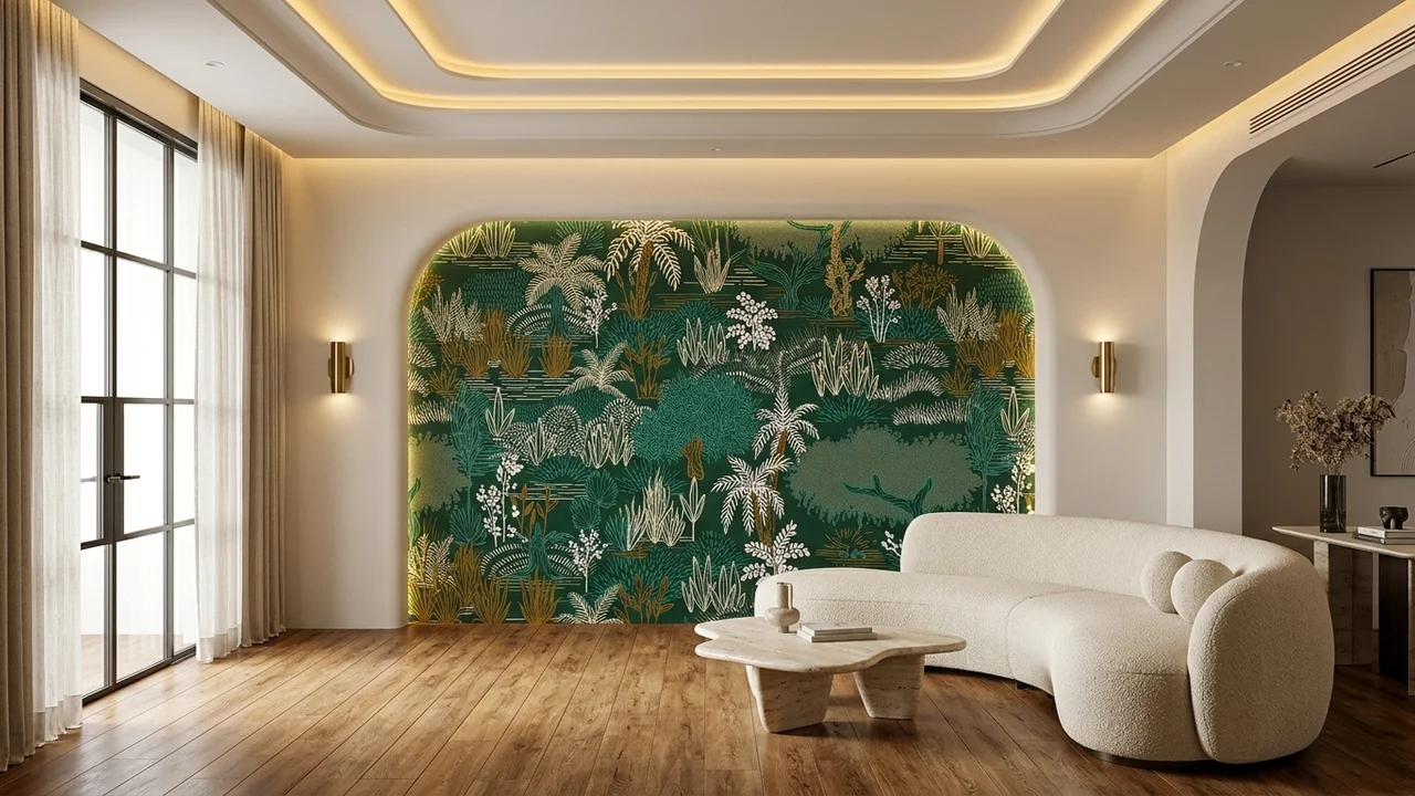 Luxury drawing room featuring arched MIRA 42-inch Emerald Tropical Botanical Mural (NQH796101) and Dynamic SPC Golden Honey Oak flooring (DSPC-6004).