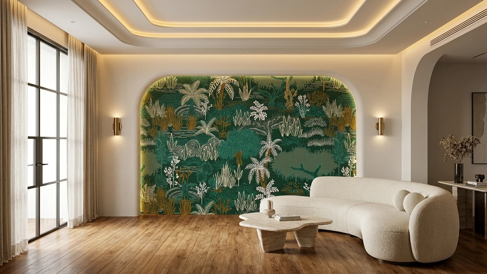Luxury drawing room featuring arched MIRA 42-inch Emerald Tropical Botanical Mural (NQH796101) and Dynamic SPC Golden Honey Oak flooring (DSPC-6004).