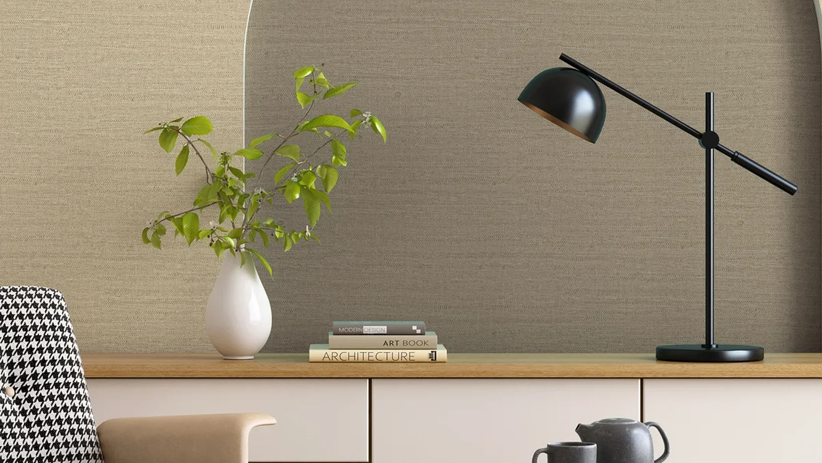 Architectural recessed archway finished in two-tone YULAN SPACE Raffia Grasscloth wallpaper (NQH771204 & NQH771206) with houndstooth lounge seating.