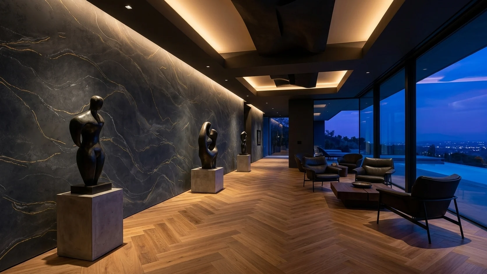 Evening architectural gallery clad in SPACE Obsidian Charcoal & Gold Vein wallpaper (NQH771301) and Dynamic SPC Imperial Herringbone parquet (DSPC-6012).