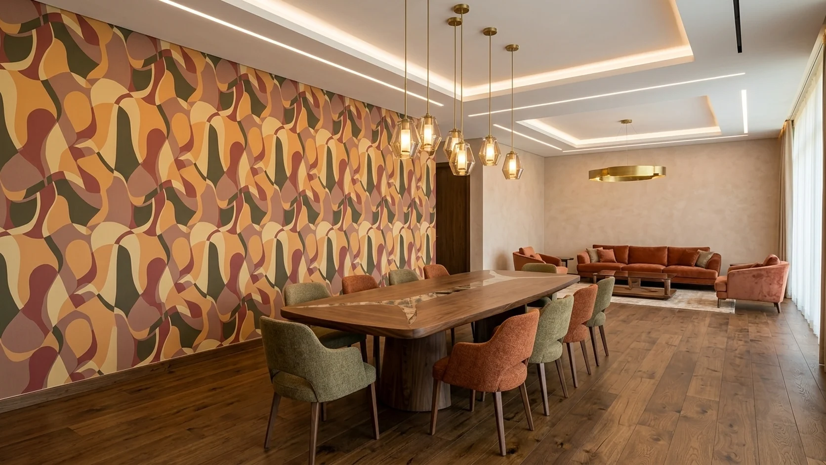 Formal dining room featuring MIRA 42-inch Terracotta & Ochre Cubist Wave Mural (NQH796502) and Dynamic SPC Smoked Walnut flooring (DSPC-6005).