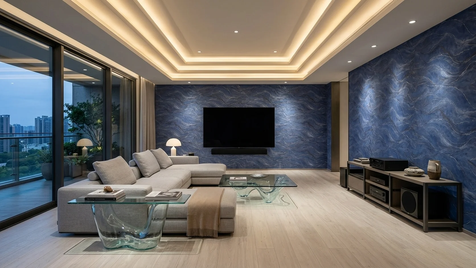 Contemporary media lounge featuring SPACE Sapphire Indigo Fluid Wave Marble wallpaper (NQH771302) and Dynamic SPC Whitewashed Oak flooring (DSPC-6002).