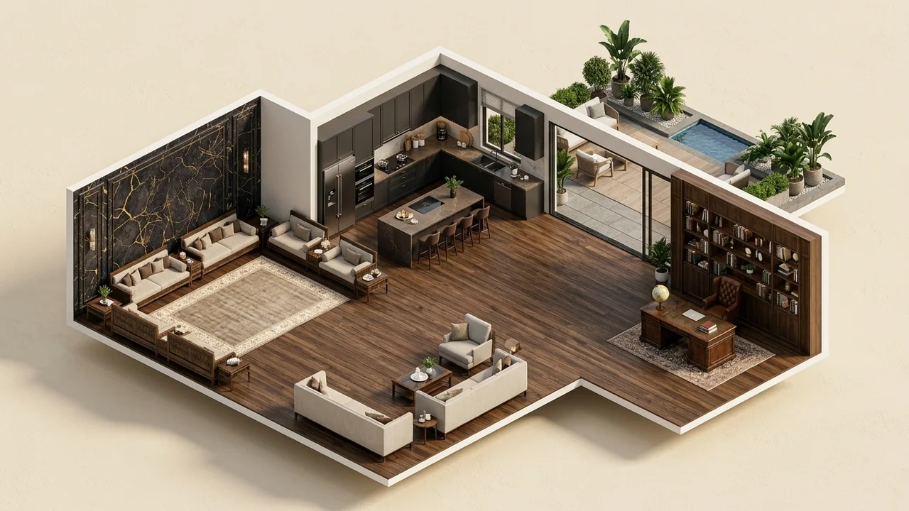 3D isometric cutaway masterplan showing MIRA NQH728708 Kintsugi Gold Marble formal lounge, open kitchen, study, and DSPC-6005 Smoked Walnut flooring.