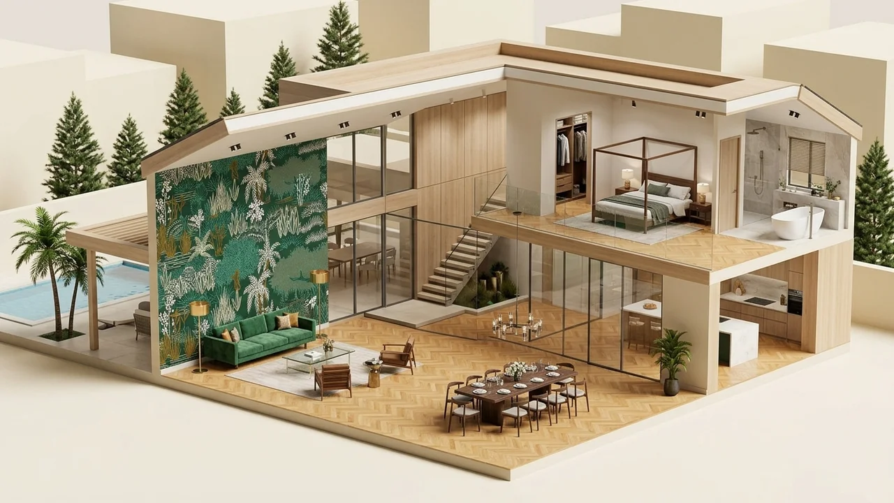 3D isometric cutaway floor plan showing double-height MIRA NQH796101 Botanical Mural drawing room, dining area, and master suite with DSPC-6012 Herringbone flooring.