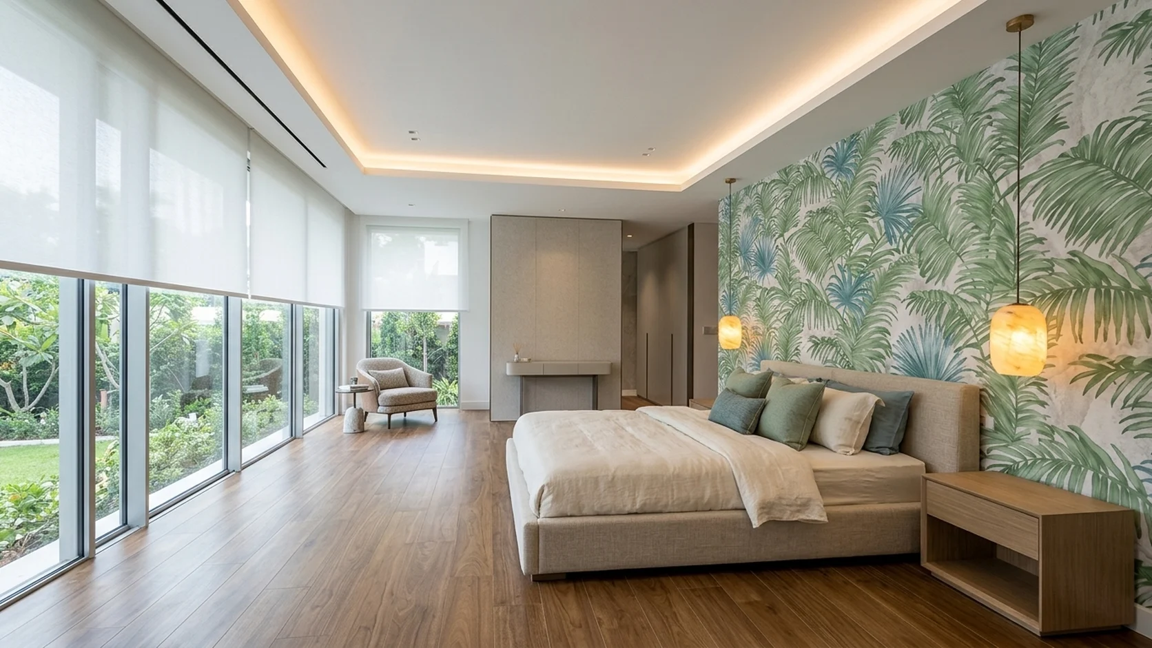 Luxury master bedroom suite with MIRA 42-inch Botanical Palm Fronds headboard wall (NQH796801), sheer R-Series roller blinds, and Dynamic SPC Champagne Oak flooring (DSPC-6008).